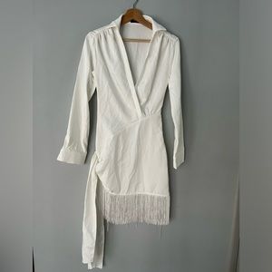 Pretty Little Thing White Long Sleeve Tassel Hem Drape Detail Bodycon Dress